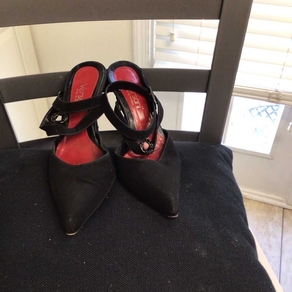 Versani Black Pointed Toe Ankle-Strap Heels with Red Insole